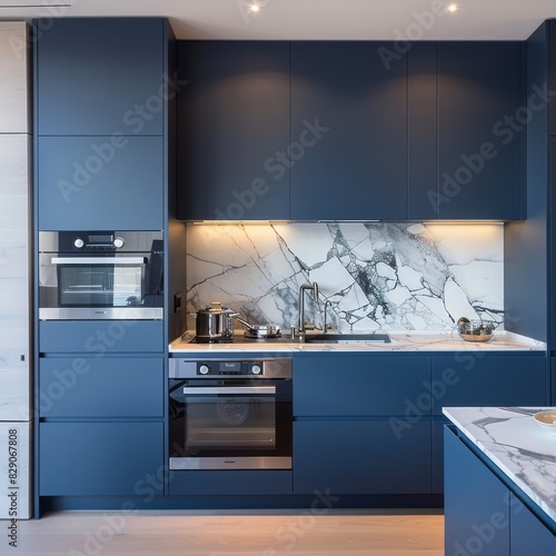 Modern blue kitchen with sleek navy cabinets, white marble countertops, and integrated appliances