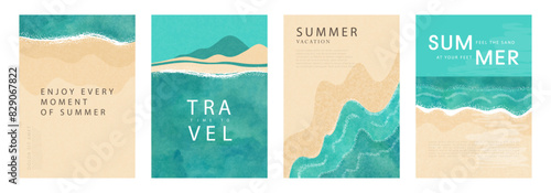Set of summer minimalistic posters. Illustrations of sea, sandy beach, mountains. Modern flat design with grainy and watercolor texture. Template for brochure design, sales, covers and more