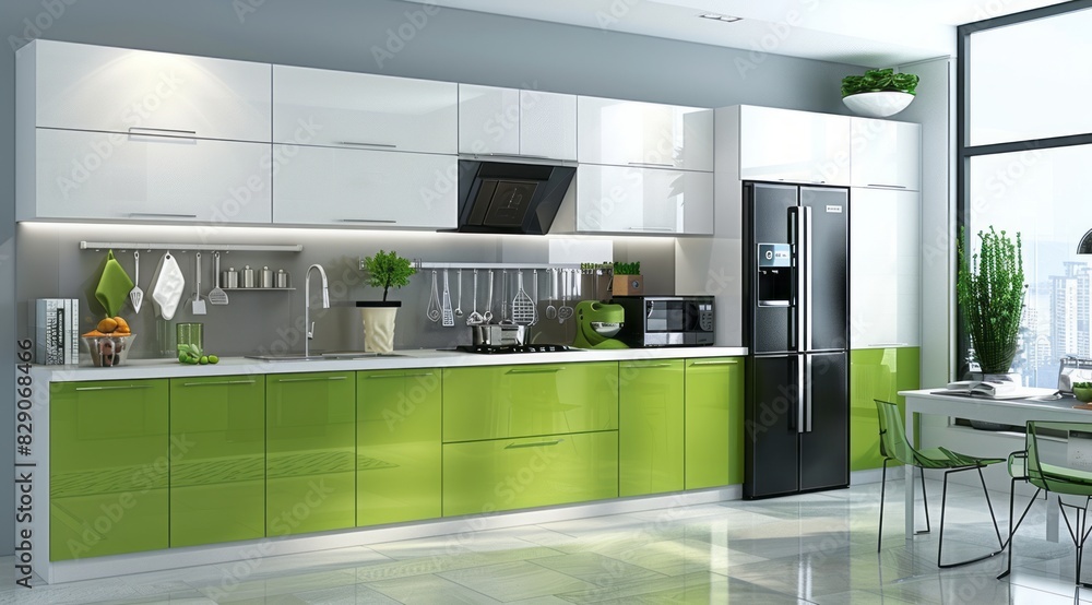 Modern green kitchen interior featuring a two-tone design with green ...