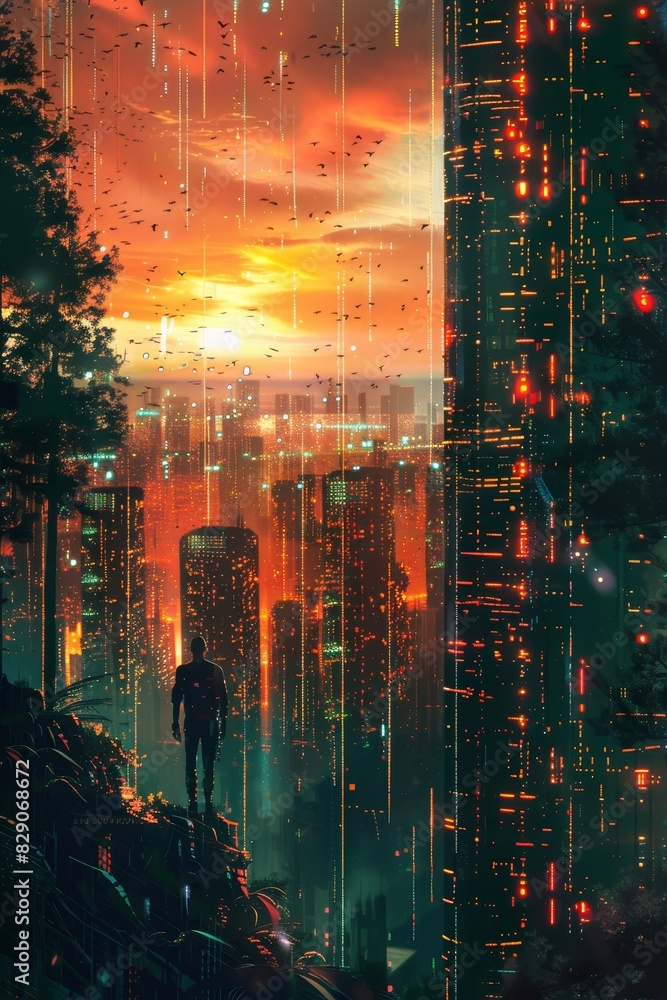 Matrix-inspired code a fiery cyber sunrise backdrop 