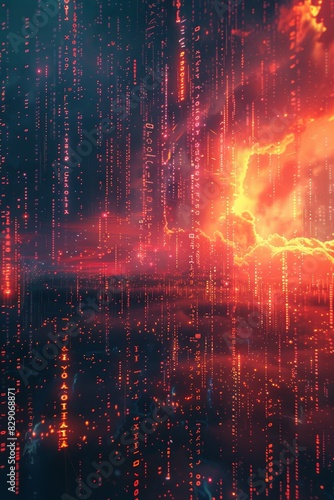 Matrix-inspired code a fiery cyber sunrise backdrop 