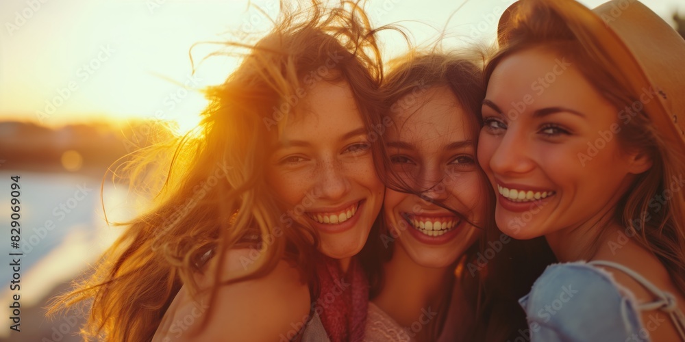 Fototapeta premium A joyful gathering of friends laughing and hugging during a beautiful golden hour sunset