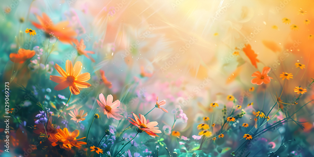 A field of wildflowers, with vibrant colors and bokeh effects