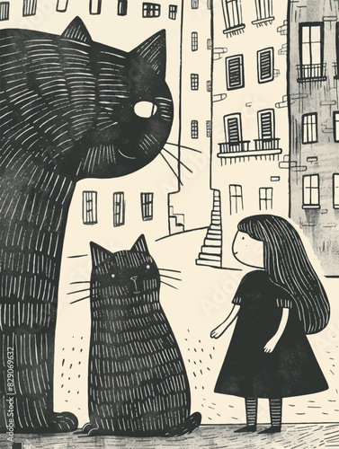 Hand drawn scribble, doodle vector detailed sketch illustration in children style: a girl, a big black cat and a small gray one are on the city streets