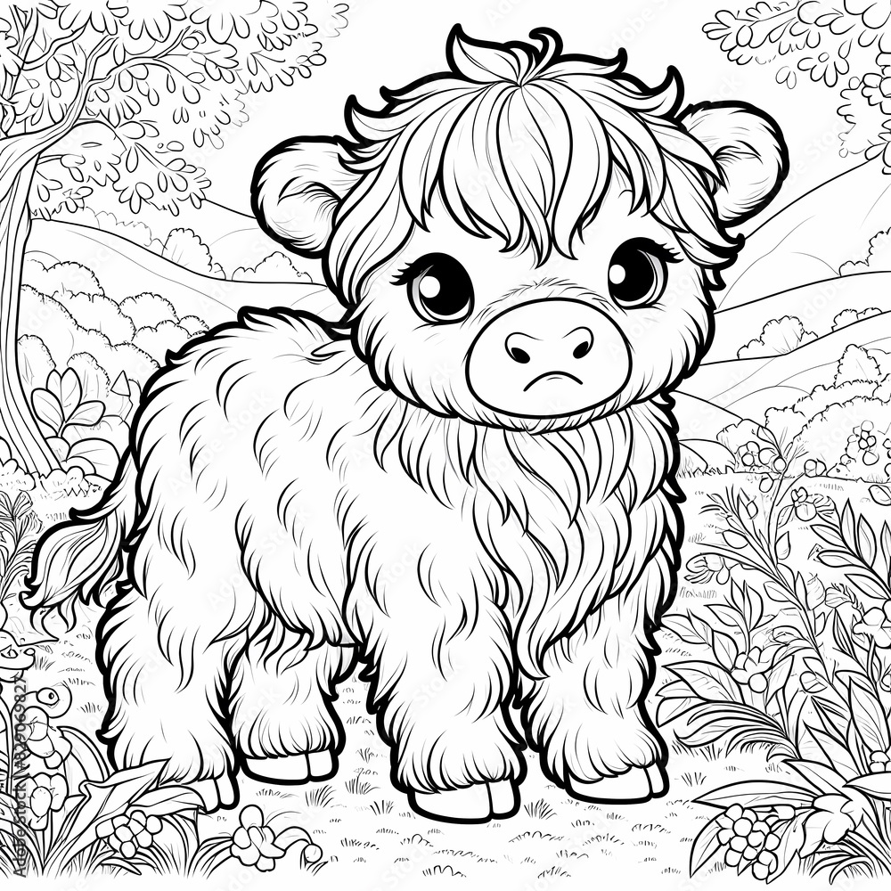 Cute Highland Cow in the Meadow - Kids' Coloring Book Page Cute Highland Cow in the Meadow - Kids' Coloring Book Page