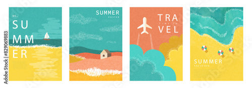 Set of summer minimalistic posters. Illustrations of sailboat in the sea, farmhouse in field, flying airplane in the clouds, sandy beach. Modern flat design with grainy texture. Template design for