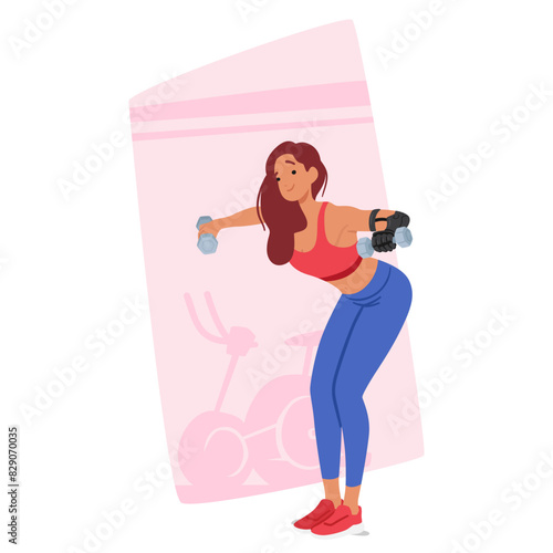 Energetic Woman with Hand Prosthesis Exercising In Gym. Disabled Female Character Lifting Dumbbell Weights