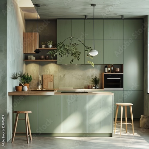 Modern green kitchen interior featuring sage green cabinets, light wood accents, and a central island