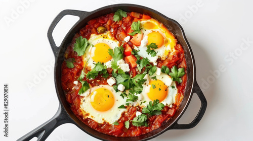  delicious shakshuka with eggs in cast iron pan photo