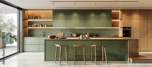 Modern green kitchen interior featuring sage green cabinets
