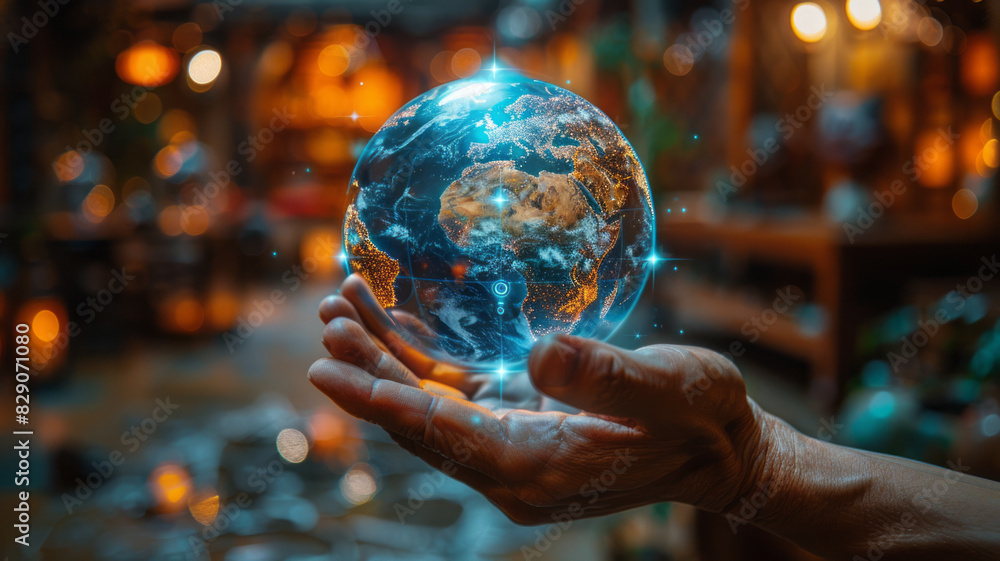 Fototapeta premium a hand with hologram globe.generative ai