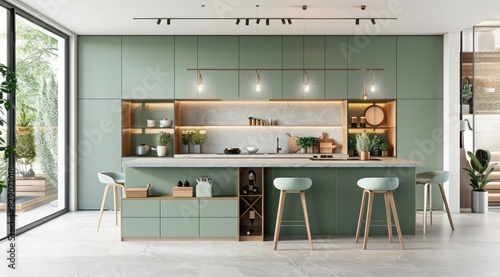 Modern green kitchen interior featuring sage green cabinets