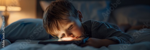 An image showing a young child engrossed in tablet screen time at night, evoking digital age themes