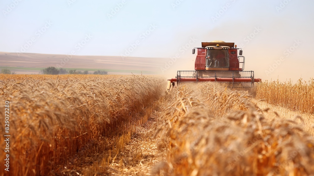 Fototapeta premium Combine harvester in a golden wheat field, emphasizing agricultural productivity and harvest season. Dust rises as the machine works, showcasing the effort of farming.