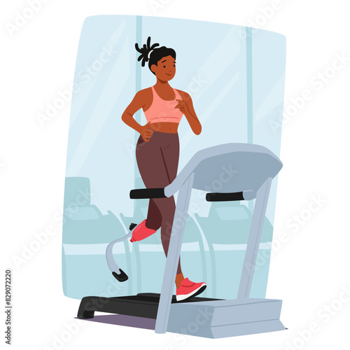 Motivated Young Woman With Prosthetic Leg Working Out On Treadmill In A Gym Setting. She Displays Determination