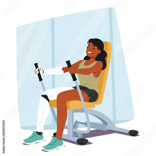 Dedicated Female Athlete With A Prosthetic Leg And Arm Exercising On A Resistance Machine In A Gym, Vector Scene