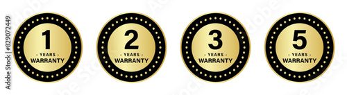 1, 2, 3 and 5 years warranty stamp in circle for product quality assurance in golden color. 1, 2, 3, and 5-year warranty label or seal flat icon in gold and black color Vector Illustration. photo