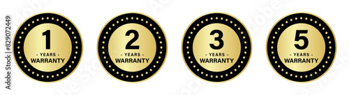 1, 2, 3 and 5 years warranty stamp in circle for product quality assurance in golden color. 1, 2, 3, and 5-year warranty label or seal flat icon in gold and black color Vector Illustration.