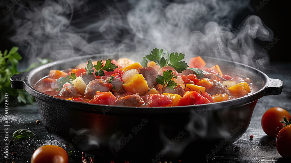 freshly cooked stew with steam, hot meal freshly cooked stew with steam, hot meal