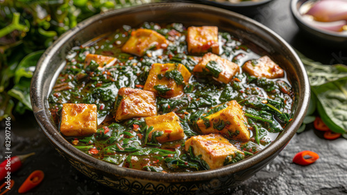 Palak Paneer indian traditional food with cheese and spinach on black background, view from above,generative ai