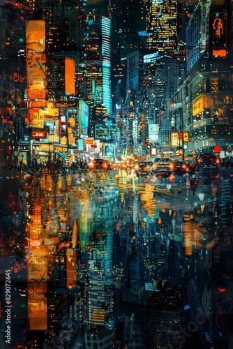 Magnified urban nightscape highlighting the city s vibrancy and details