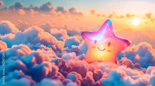 Cute glowing star in a dreamy cloudscape, kawaii 4k wallpaper