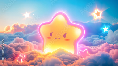 Cute glowing star in a dreamy cloudscape, kawaii 4k wallpaper