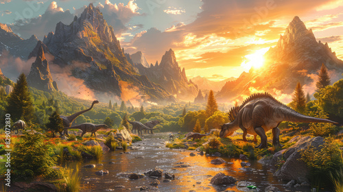 hyper-realistic shot of A sweeping panoramic view of a lush, prehistoric landscape teeming with a diverse array of dinosaur species – from towering sauropods to nimble raptors photo