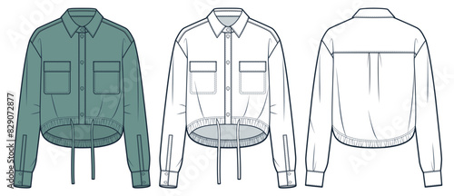  Crop Shirt technical fashion Illustration. Collar Shirt fashion flat technical drawing template, drawstring bottom, relaxed fit, front and back view, white, green, women, men, unisex CAD mockup set.