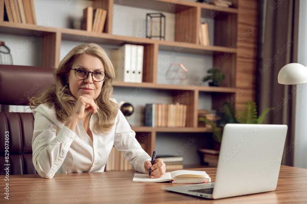Middle aged female psychologist submitting mental health assistance via internet consultation on laptop Middle aged female psychologist submitting mental health assistance via internet consultation on laptop