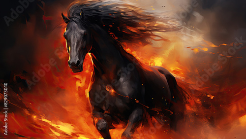 Powerful Black Stallion Galloping Through Intense Flames  © Andriy