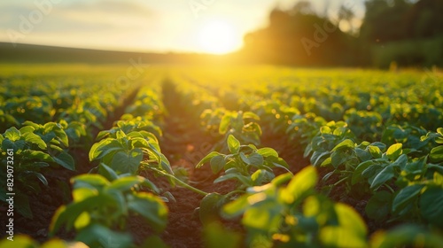 A lush, green field of crops bathed in golden sunlight, symbolizing sustainable agriculture and the growth of fresh produce.