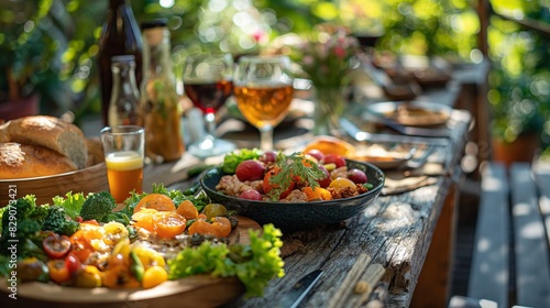 An outdoor table set with a variety of fresh salads  bread  and drinks  surrounded by greenery. 
