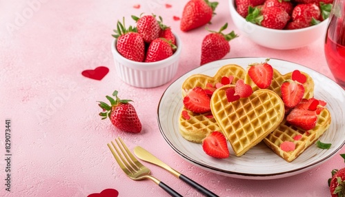 valentine day breakfast with heart shaped waffles and strawberries in plate on pink background generative ai