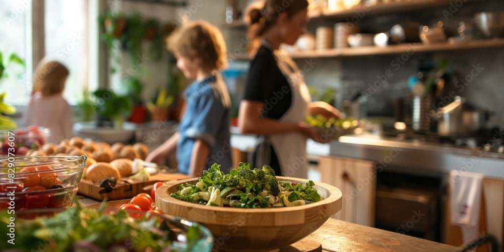 A family engaging in meal preparation together in a modern kitchen atmosphere A family engaging in meal preparation together in a modern kitchen atmosphere