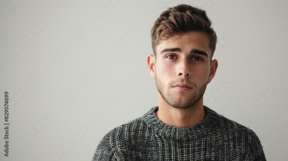 Young humble attractive American man with a short haircut wearing a casual sweater against a white backdrop Young humble attractive American man with a short haircut wearing a casual sweater against a white backdrop