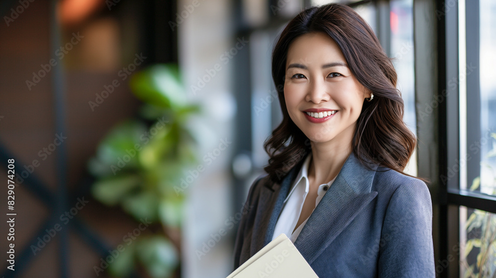 A confident Asian female lawyer in a business suit stands in her office against the backdrop of bookshelves and smiles softly, demonstrating professionalism and experience. copy space. A confident Asian female lawyer in a business suit stands in her office against the backdrop of bookshelves and smiles softly, demonstrating professionalism and experience. copy space.