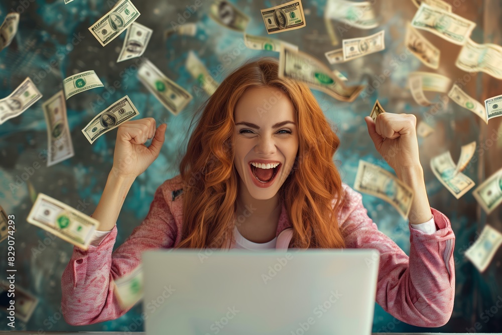 Ecstatic red hair woman celebrates online success with laptop surrounded by flying dollar bills in a vibrant home office Ecstatic red hair woman celebrates online success with laptop surrounded by flying dollar bills in a vibrant home office