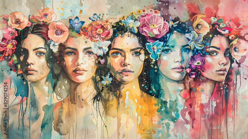 Artistic expression, faces of women with floral watercolor strokes, diversity and beauty, a tribute to women's strength and gentleness