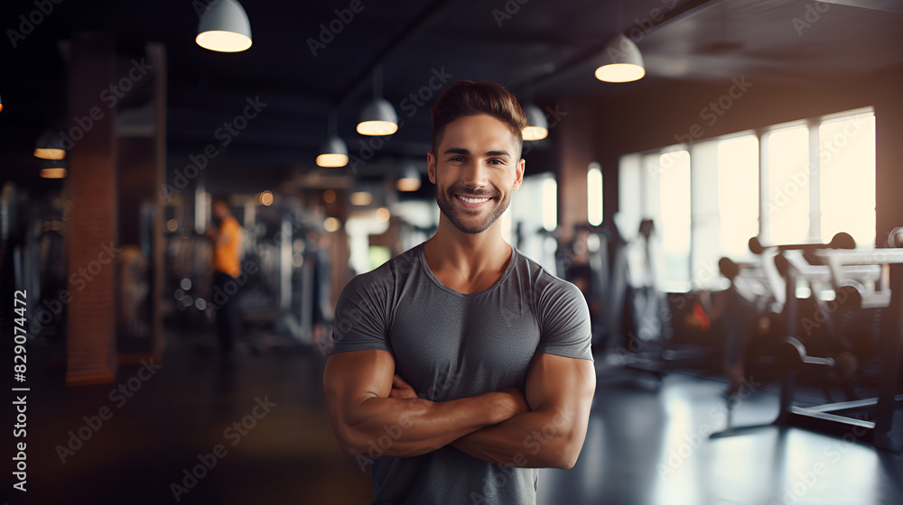 Muscular arabian man in sportswear, smiling and looking at the camera on the background of the gym. Personal trainer. The concept of a healthy lifestyle and sports. Muscular arabian man in sportswear, smiling and looking at the camera on the background of the gym. Personal trainer. The concept of a healthy lifestyle and sports.