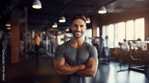 Muscular arabian man in sportswear, smiling and looking at the camera on the background of the gym. Personal trainer. The concept of a healthy lifestyle and sports. © Tetiana