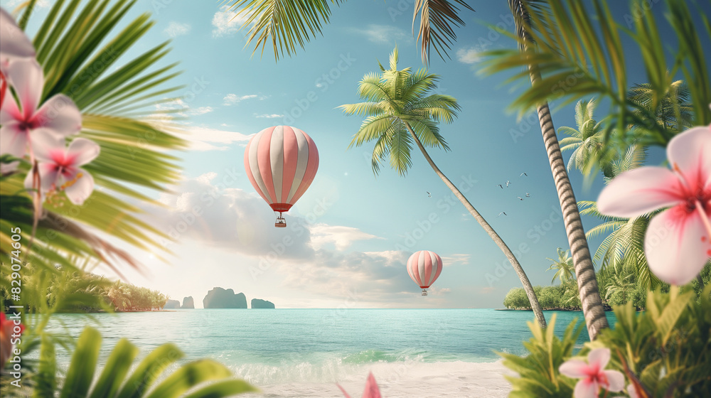 Tropical beach scene with hot air balloons, palm trees, and pink flowers. Turquoise sea and blue sky with clouds, ideal for summer travel and tourism themes, with copy space