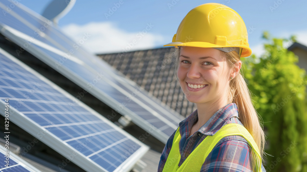A young woman electrical engineer in a protective yellow helmet smiles against the background of solar panels. women in uniform installing solar panels for renewable green energy. copy space