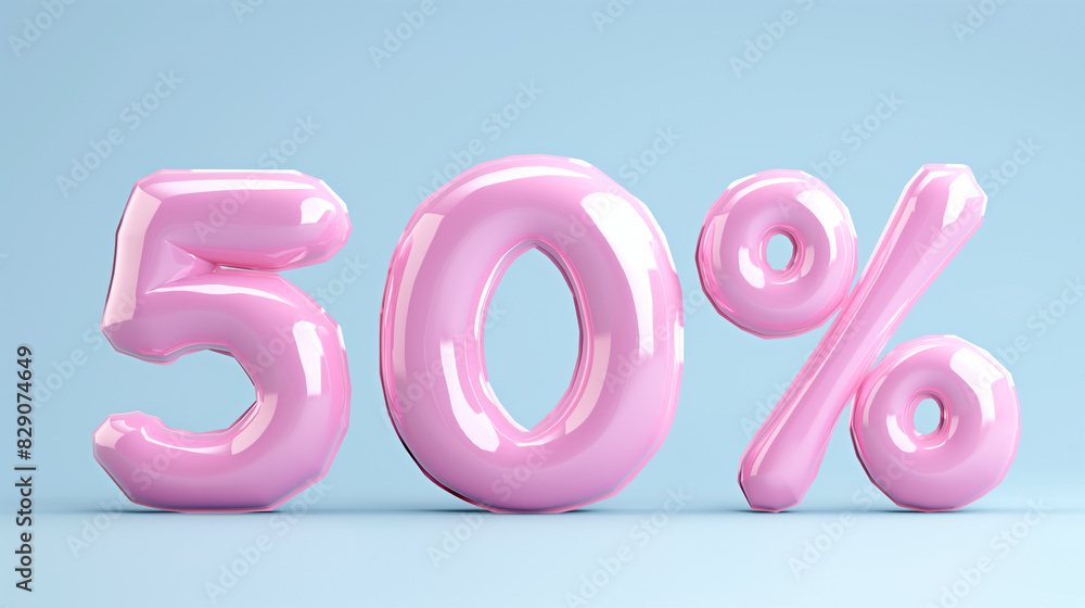 Pink 50% discount text with glossy 3D effect on a light blue background, minimalistic design, and copy space Pink 50% discount text with glossy 3D effect on a light blue background, minimalistic design, and copy space