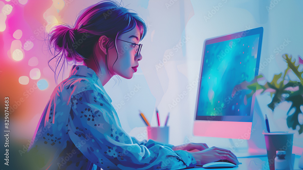 young asian female student sitting at a desk and using a computer in a home workspace with neon light and indoor plants. female freelancer works at the computer. modern illustration young asian female student sitting at a desk and using a computer in a home workspace with neon light and indoor plants. female freelancer works at the computer. modern illustration
