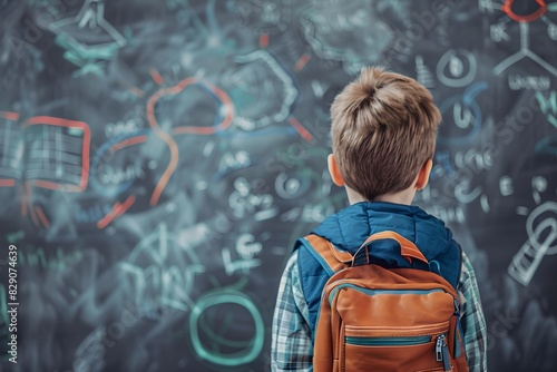 Schooboy with backpack looking at chalkboard. Back to school concept. Education and studying concept. Studio portrait. Design for banner, poster with copy space photo