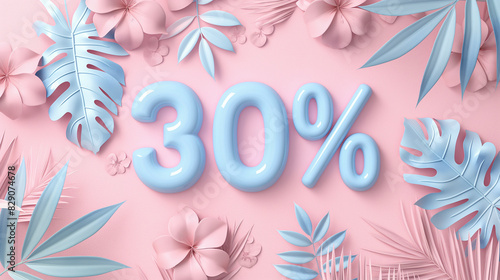 Blue 30% discount text with tropical leaves and flowers on a pink background, surrounded by soft pastel colors, summer sale, and copy space