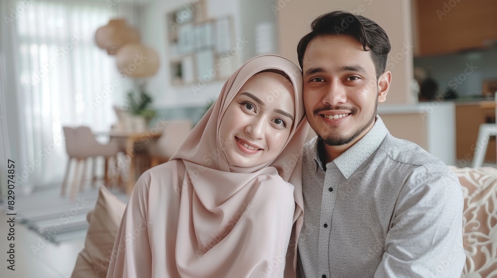 A man and woman are smiling for the camera in a living room. The woman is wearing a hijab and the man is wearing a white shirt