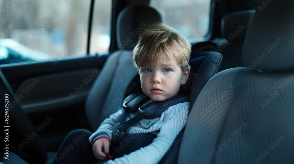 A young child is sitting in a car seat, looking out the window. The car is parked in a lot, and there are other cars in the background. The child appears to be looking at something outside A young child is sitting in a car seat, looking out the window. The car is parked in a lot, and there are other cars in the background. The child appears to be looking at something outside