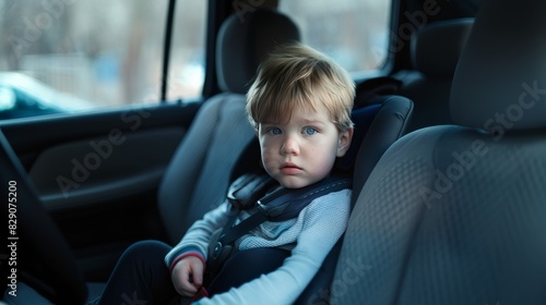 A young child is sitting in a car seat, looking out the window. The car is parked in a lot, and there are other cars in the background. The child appears to be looking at something outside